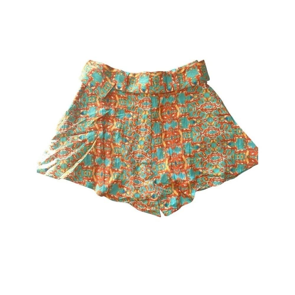Anthropologie Moon River Belted Printed Flowy Shorts Turquoise Orange Size S NWT
